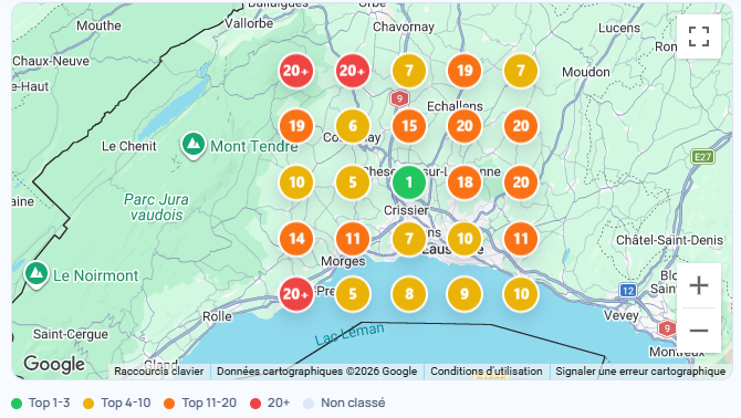 Grille locale Impacto sur une carte Google avec les positions de visibilité autour de l'établissement