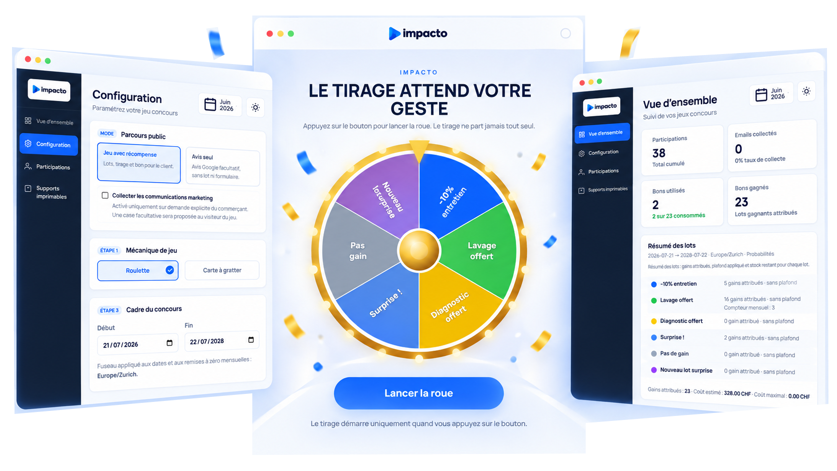 Configuration de campagne Jeu Impacto avec roulette, lots et tableau de bord