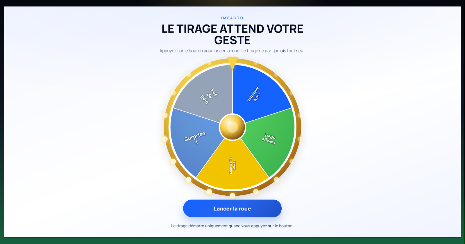 Parcours public du jeu Impacto avec une roulette et le bouton Lancer la roue